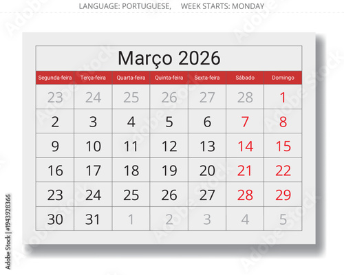 March 2026 Portuguese monthly calendar - marco. Vector page illustration isolated for Portugal