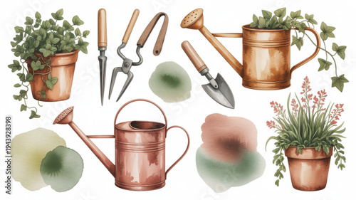 Gardening tools and potted plants with copper watering cans and flowerpots on white background