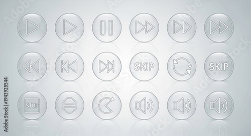 Collection of transparent glass media player buttons.