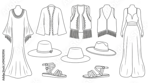 Fashion illustration of women's clothing and accessories including dresses tops hats sandals and jewelry in a minimalist line art style on a white background