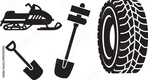 Winter Vehicle and Snow Tools Silhouette Icons Set