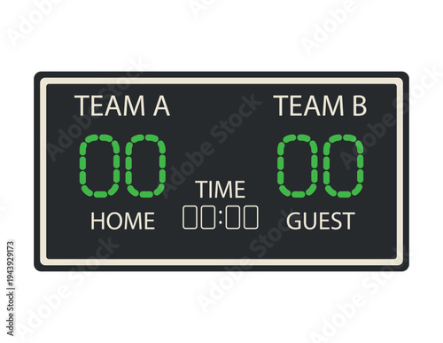 Digital sports scoreboard. Electronic scoreboard with green numbers for home and guest teams.