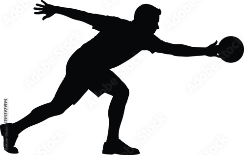 Silhouette of a professional male bowler throwing a ball in a sports competition isolated on white background for bowling concept