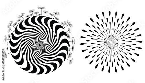 A black and white illustration of dandelion clock and spiral designs