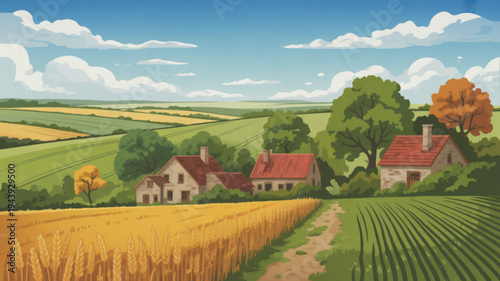 Serene countryside landscape with houses fields and trees under a blue sky with white clouds on a sunny day