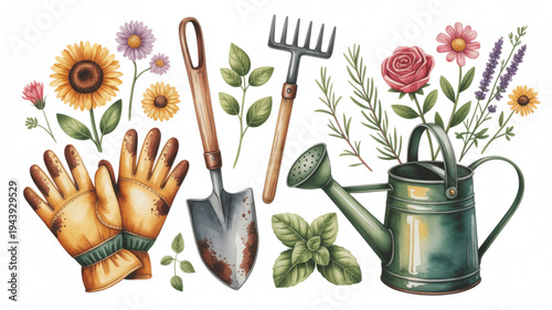Gardening tools and flowers including gloves shovel fork watering can sunflowers roses and lavender for planting and nurturing