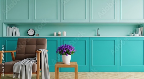Modern living room interior with brown chair, teal cabinets, and purple flowers