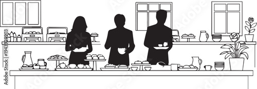 Vector illustration of 3 people in a cafe or restaurant