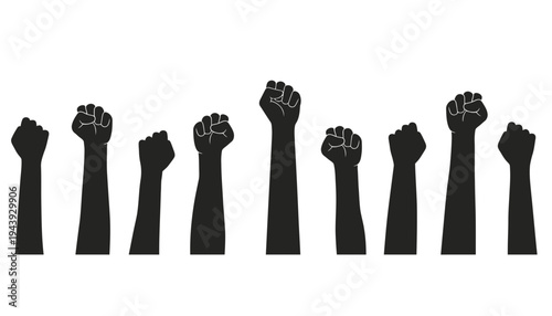 A raised fist icon set in black silhouette on white background