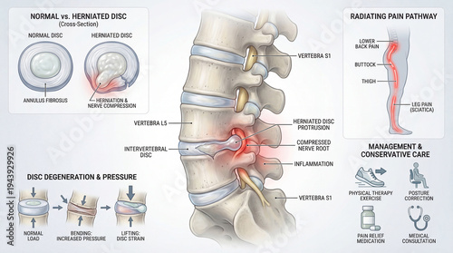 Herniated Disc Spine Compression Mechanism Medical Educational Infographic with Vertebral Anatomy and Nerve Root Pain Explanation.