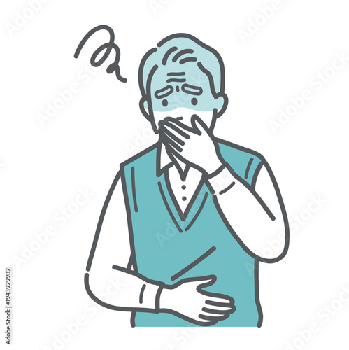 吐き気や気分の悪さで苦しむシニア男性（おじいちゃん）のイラスト