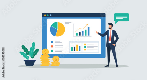 Business Financial Analytics Dashboard with Charts and Growth Report – Data Analysis Flat Vector Illustration