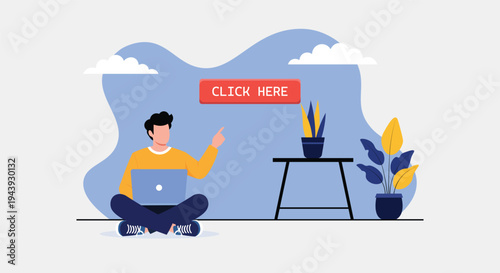 Call to Action Click Here Button with Laptop User – Digital Marketing CTA Flat Vector Illustration