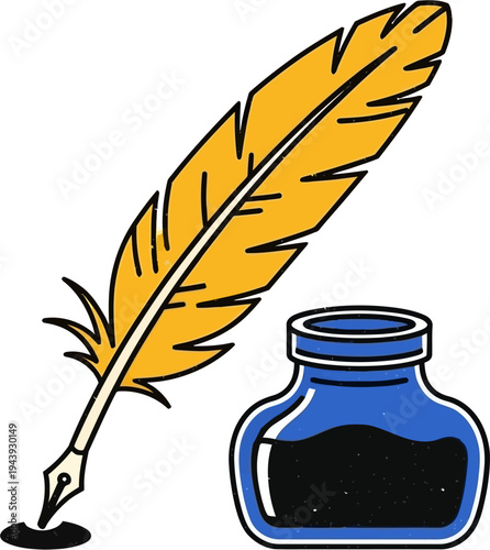 A yellow quill pen dipping into black ink, next to a blue inkwell filled with ink.