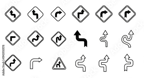 Collection of Road Sign Icons Indicating Curves and Turns.