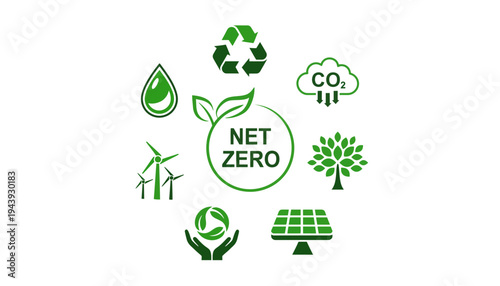 Net zero icon set for sustainable energy and eco friendly practices