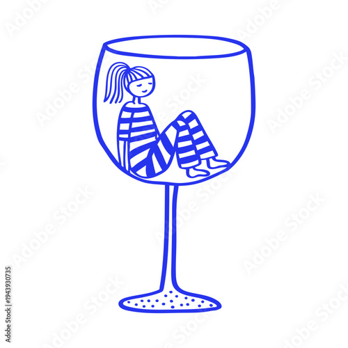 Girl In Wine Glass Doodle Illustration