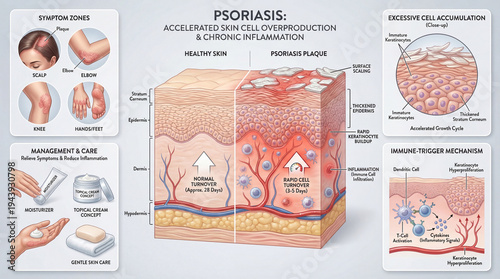 Psoriasis Skin Cell Overproduction Medical Educational Infographic for Dermatology Patient Awareness.