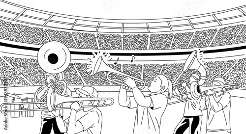 Marching band performing in stadium, black and white line art