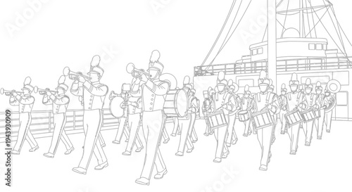 Marching Band Parade, Musicians Playing Instruments, Outdoor Performance, Festive Event