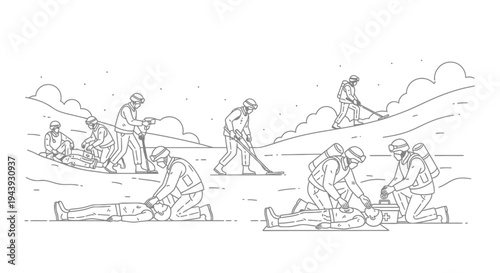 Medical Rescue Team Performing CPR and Evacuation in a Mountainous Terrain