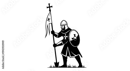 Medieval Knight Crusader Warrior Holding Banner and Shield