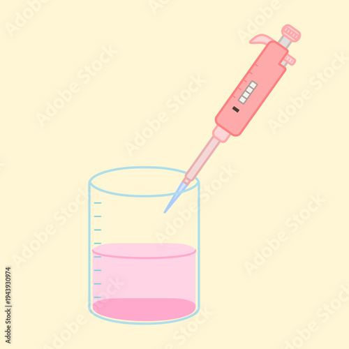 Medical laboratory micropipette transferring liquid into glass beaker illustration in flat scientific style. Experiment equipment used for biotechnology research and chemistry laboratory graphics.