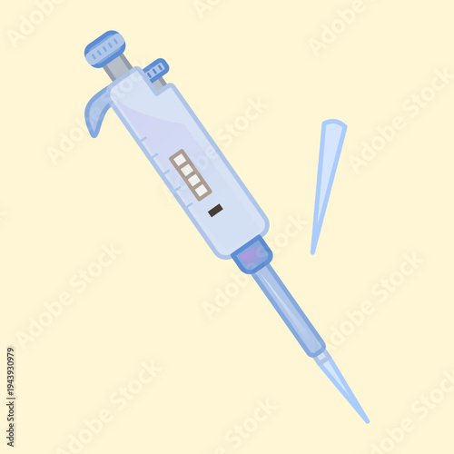 Medical laboratory micropipette tool illustration in flat scientific style. Precision equipment used for biotechnology research, microbiology experiment, and clinical laboratory graphics.