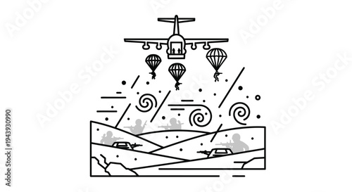 Military Air Drop Paratroopers Landing in Combat Zone with Tanks and Soldiers