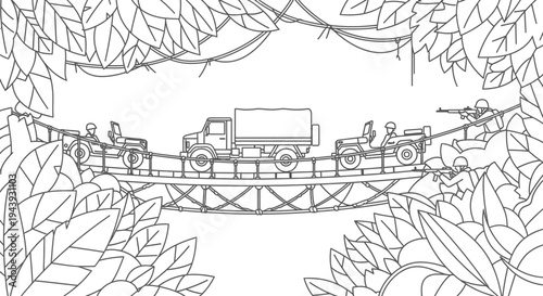 Military convoy crossing jungle bridge with soldiers in action