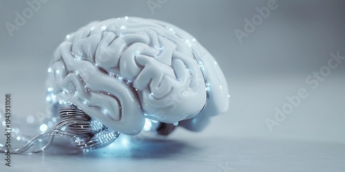 Human brain made from white plastic with microchips and data flowing,banner,copy space,AI concept