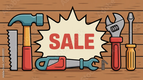 Colorful tools and sale sign on wooden background for diy and shopping concepts