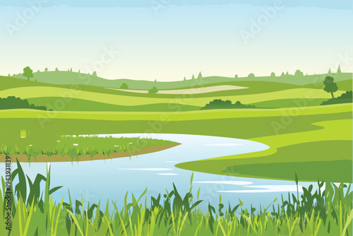 Golf Course Landscape with Winding River and Green Hills Sunny Day