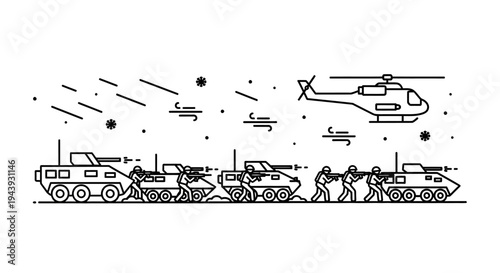 Military convoy with soldiers, armored vehicles, and helicopter in combat scene