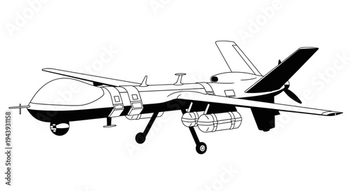 Military Drone Aircraft Illustration - Unmanned Aerial Vehicle (UAV) with Propeller and Weapons