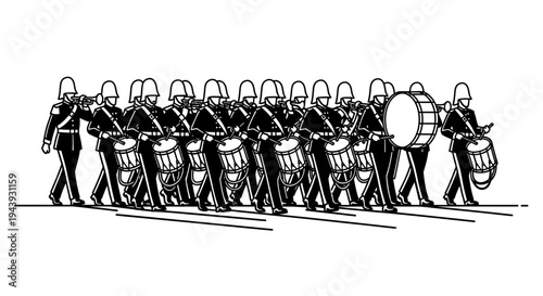 Military Drum Corps Marching Band Performing with Drums and Brass Instruments