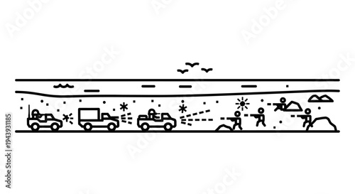 Military convoy under attack, soldiers firing weapons, abstract line art illustration