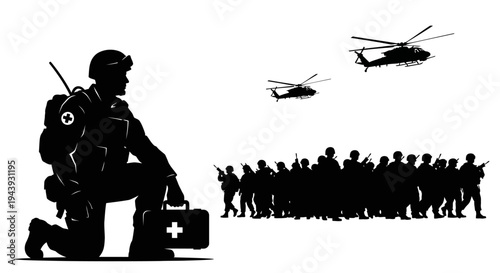 Military Medic Kneeling with First Aid Kit, Soldiers and Helicopters in Background