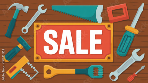Colorful sale sign surrounded by various tools on a wooden background for repair and discount concepts