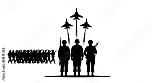 Military parade with soldiers and fighter jets flying overhead, symbolizing power and national pride.