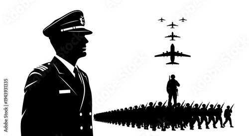 Military Parade: General Overseeing Soldiers and Airplanes in Formation