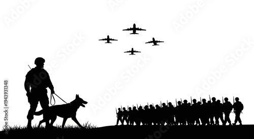 Military Parade Formation with Soldier, Dog, and Air Force Jets Flying Overhead