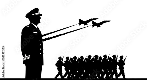 Military Parade: General Salutes Air Force Jets Flying Over Marching Soldiers