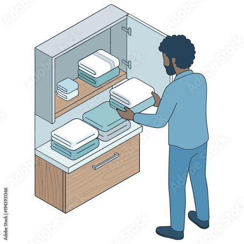 Man placing folded towels into a cabinet drawer and shelf storage