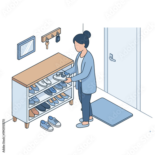 A woman stands in a hallway putting on shoes from a rack.