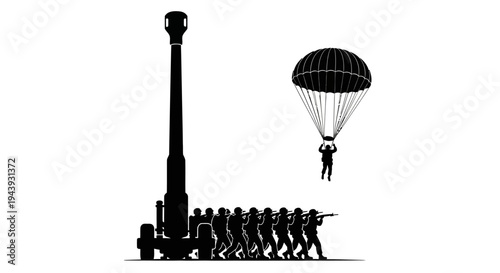 Military Paratrooper Descends Near Artillery Gun and Soldiers Marching