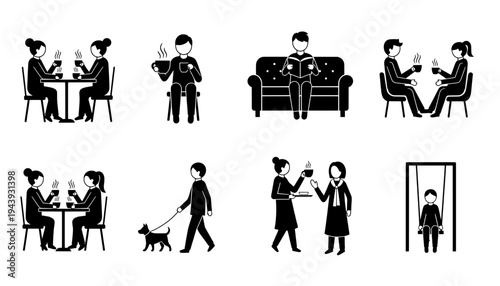 A set of black and white illustrations depicting everyday life scenes