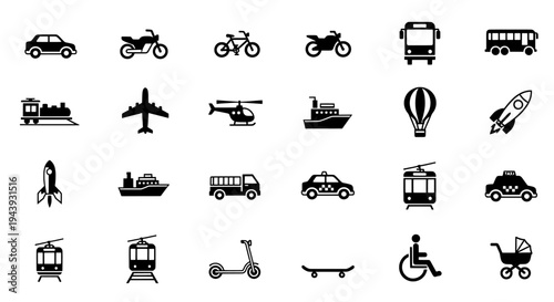 A collection of transportation icons on a white background