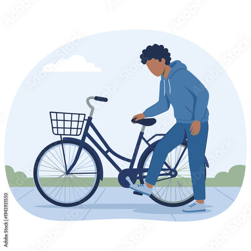 Man riding bicycle on sidewalk with basket outdoors in daytime