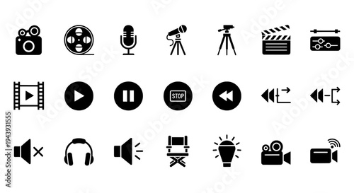 A collection of black and white video production icons on a white background